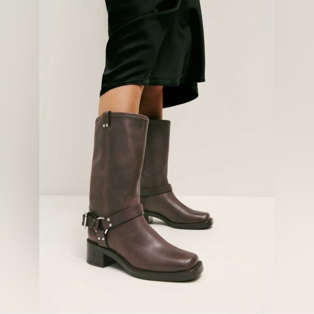 Reformation Francesca Moto Boots in Distressed Brown